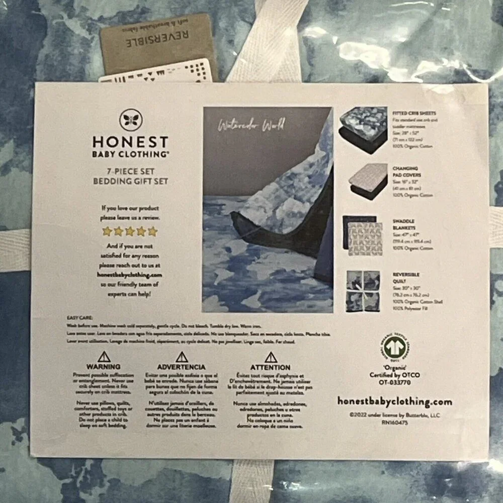 Honest Baby Organic Cotton Bedding Set Blue Water Color World 7 pc Set‎